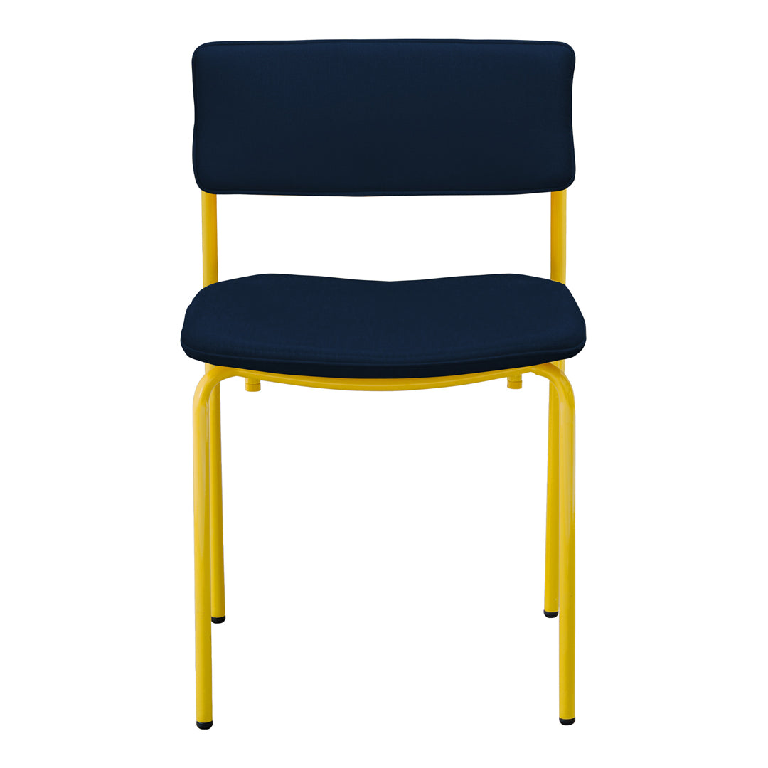 Navy blue upholstered chair with a sleek yellow metal frame and minimalist design. Perfect for modern decor.