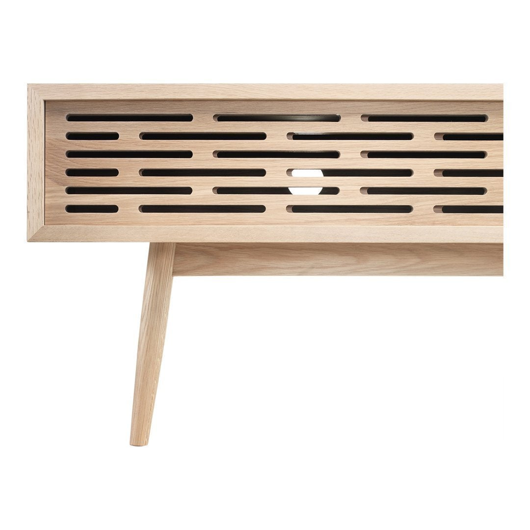 Light wood TV cabinet with horizontal slatted pattern and natural finish, featuring a sleek, modern design.