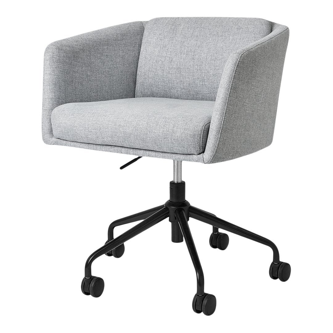 Gray upholstered swivel chair with a sleek black base and minimalist design, perfect for modern office spaces.