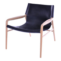 Black leather chair with natural wood frame, minimalist design, and smooth surfaces. Perfect blend of modern style.