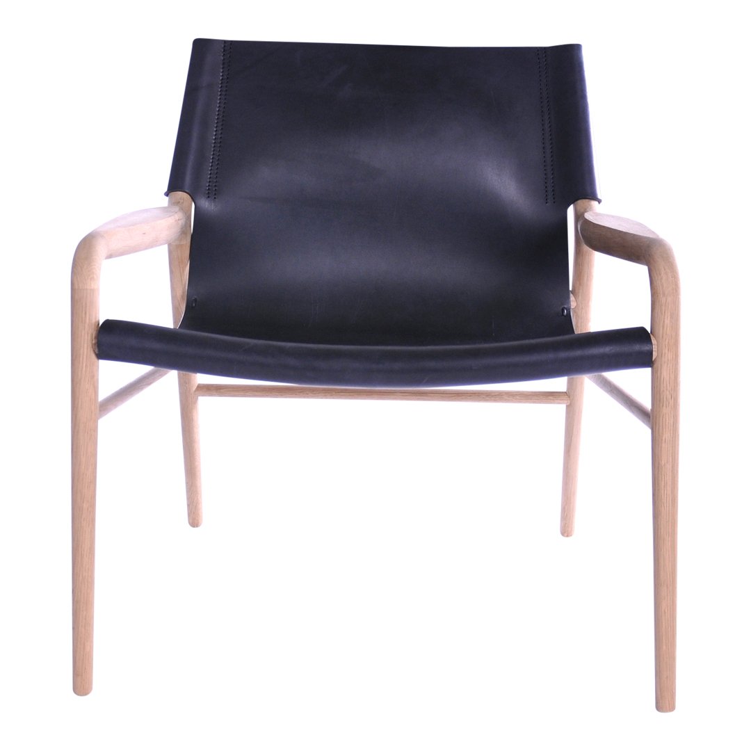 Black leather chair with natural wood armrests and sleek, minimalist design.