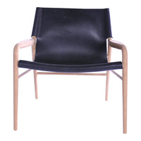 Black leather chair with natural wood armrests and sleek, minimalist design.