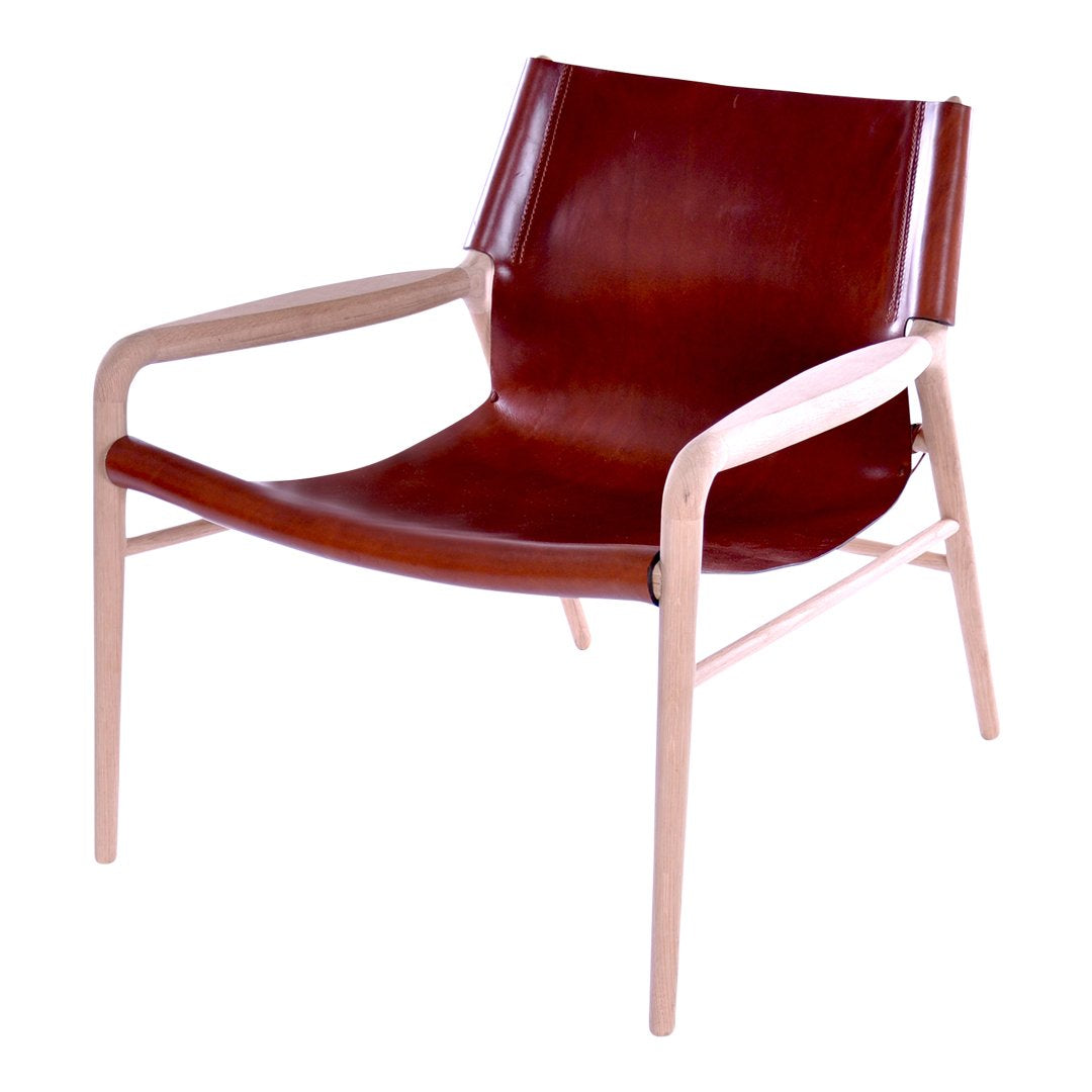 Brown leather armchair with natural wooden frame, featuring a minimalist design and smooth, glossy finish.