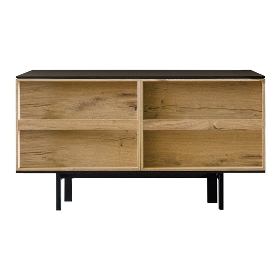 Modern wooden sideboard with a natural wood finish and sleek black top, featuring clean lines and open shelving.