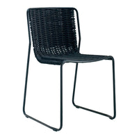 Black woven chair with a sleek, modern design and minimalist metal frame, perfect for contemporary settings.