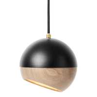 Black and wood pendant lamp with a sleek, modern design, featuring a matte black top and natural wood bottom.