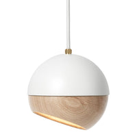 White and wooden pendant lamp with a modern, sleek design featuring a smooth, curved half-and-half pattern.