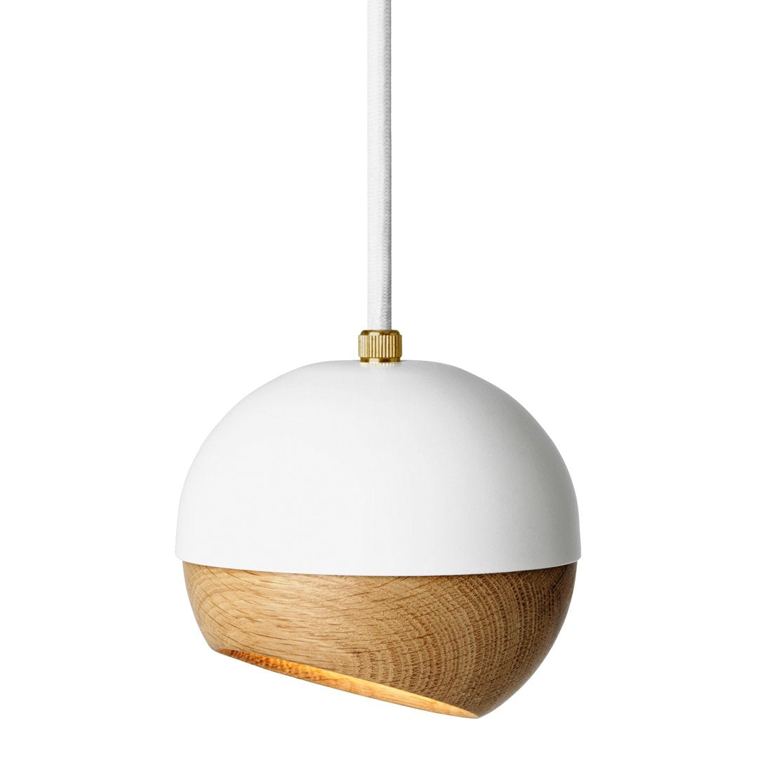 Modern pendant lamp featuring a sleek white upper half and a natural wood lower half, creating an appealing contrast.