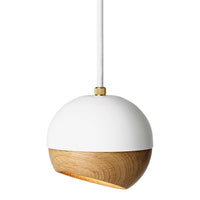 Modern pendant lamp featuring a sleek white upper half and a natural wood lower half, creating an appealing contrast.