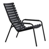 Black outdoor lounge chair with slatted design, featuring a modern and minimalist aesthetic. Perfect for stylish spaces.