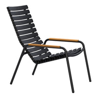 Black slatted chair with wooden armrests, featuring a modern, minimalist design and sleek lines. Ideal for outdoor or indoor use.