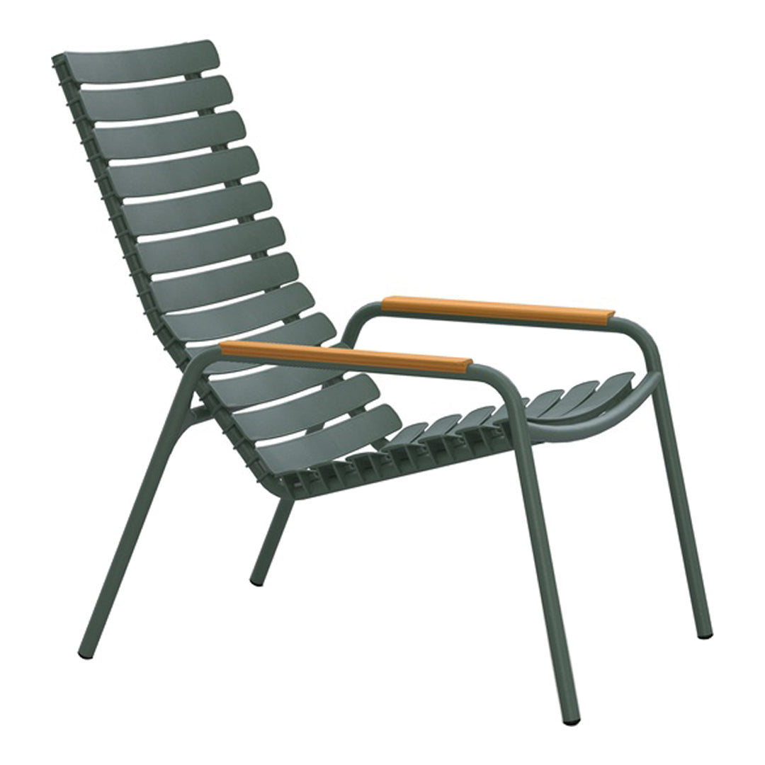 Gray slatted outdoor chair with wooden armrests, perfect for stylish patio seating. Modern design, sleek lines.