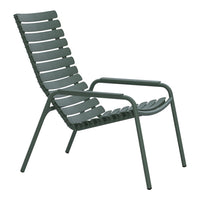 Green slatted lounge chair with a modern design, featuring a minimalist pattern and sturdy metal frame.