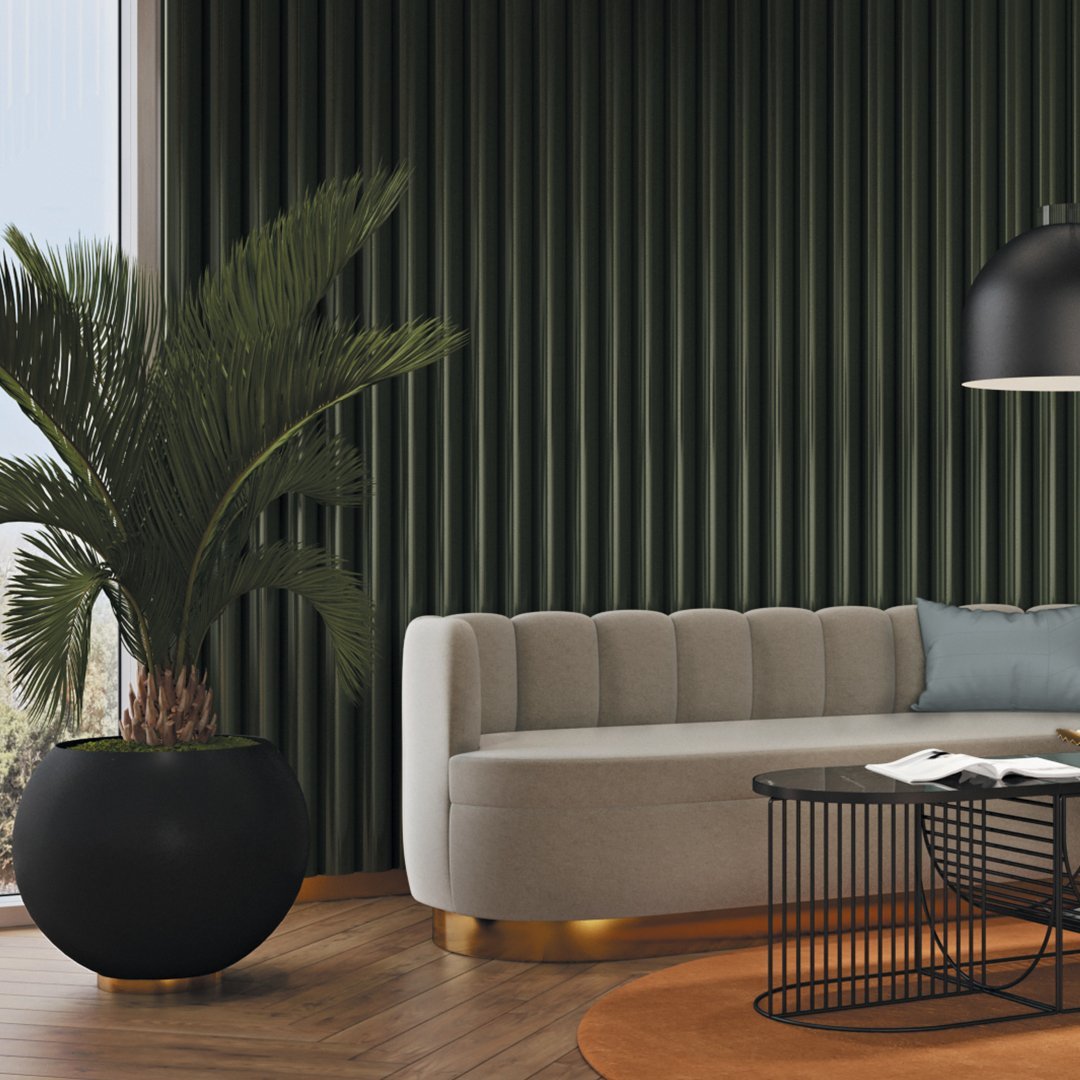 "Soft beige tufted sofa against deep green vertical paneling, paired with black and wood accents in a modern living space."