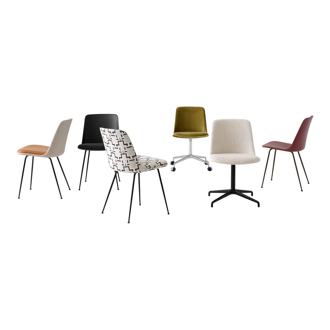 Assorted chairs with vibrant colors: olive green, black, white geometric, beige, burgundy, orange, and cream patterns.