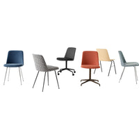 A variety of modern chairs in blue, gray, orange, yellow, and patterned fabric with sleek metal legs.
