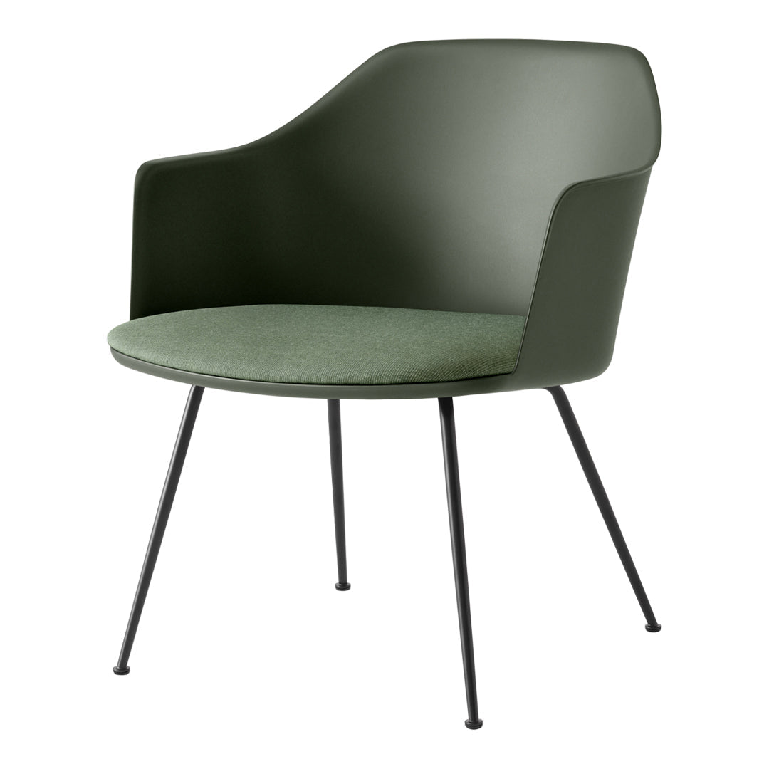 Green accent chair with a sleek matte finish and soft green upholstered seat, set on minimalist black legs.