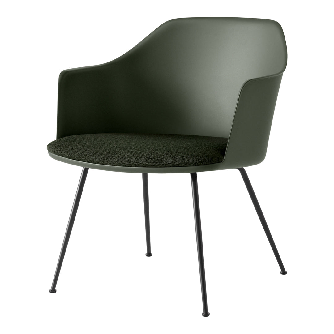 Green molded chair with a textured dark seat and sleek black legs, featuring a modern minimalist design.