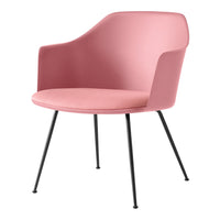 Pink upholstered chair with sleek black metal legs, featuring a modern, minimalist design. Perfect for any contemporary space.
