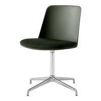 Modern black swivel chair with a sleek design and smooth surface, complementing its chrome base and minimalist style.