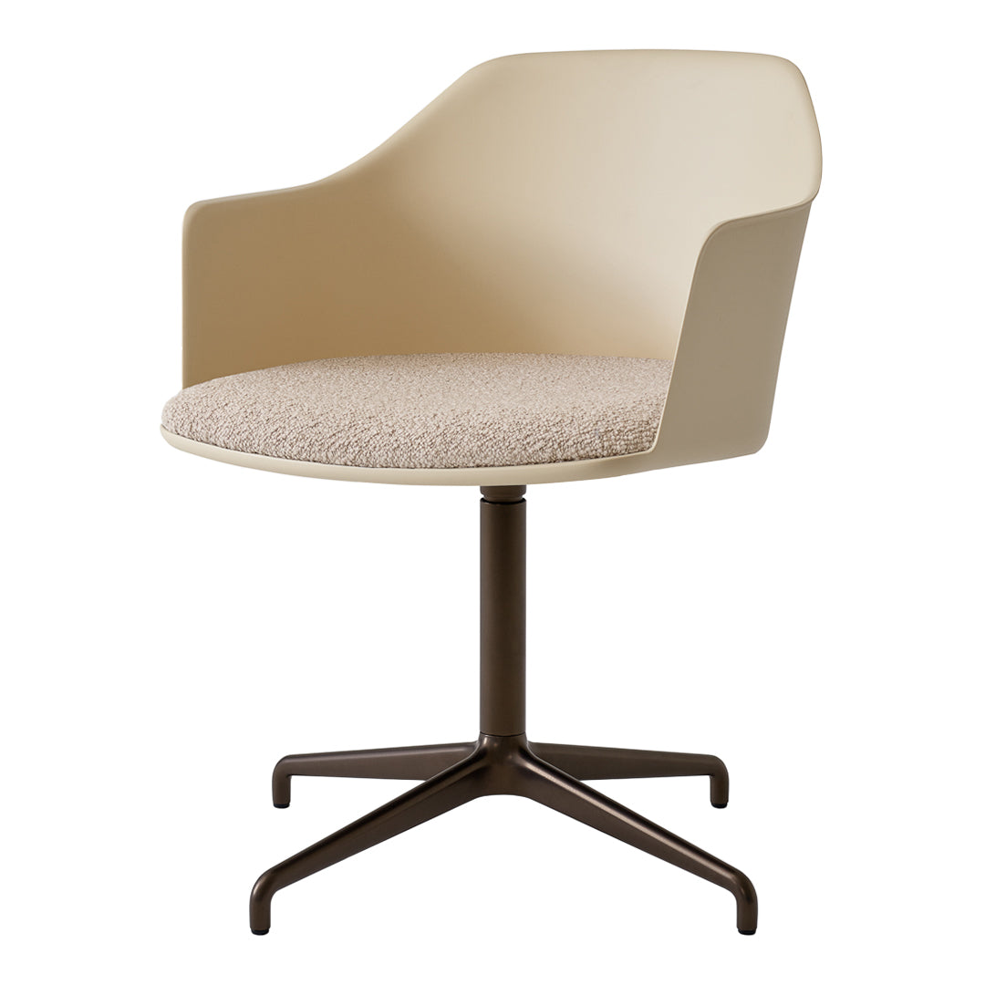 Neutral beige chair with a textured, light-colored seat and a dark brown base, featuring a sleek, modern design.