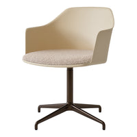 Neutral beige chair with a textured, light-colored seat and a dark brown base, featuring a sleek, modern design.