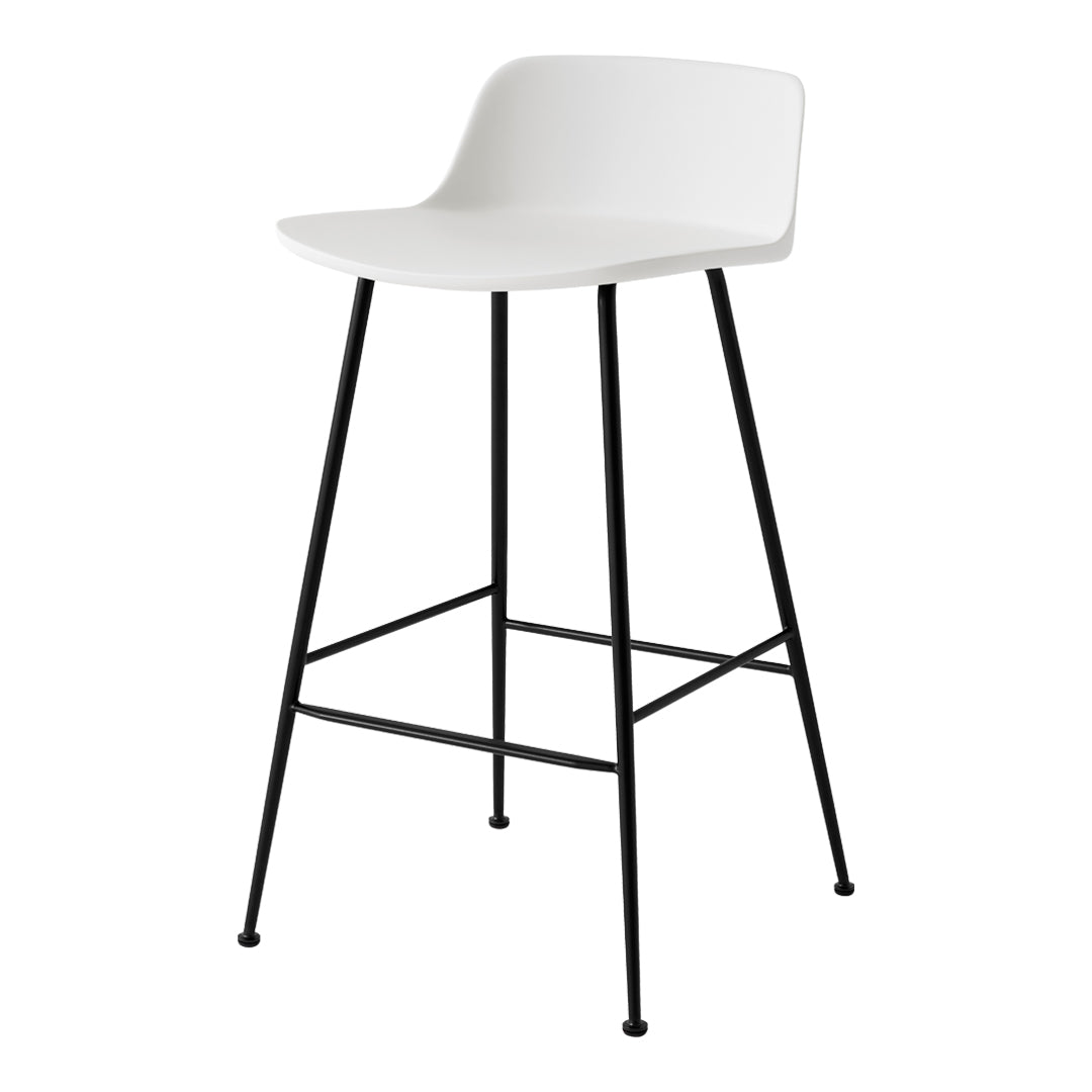 White bar stool with a smooth finish and sleek black metal legs. Minimalist design, perfect for modern decor.