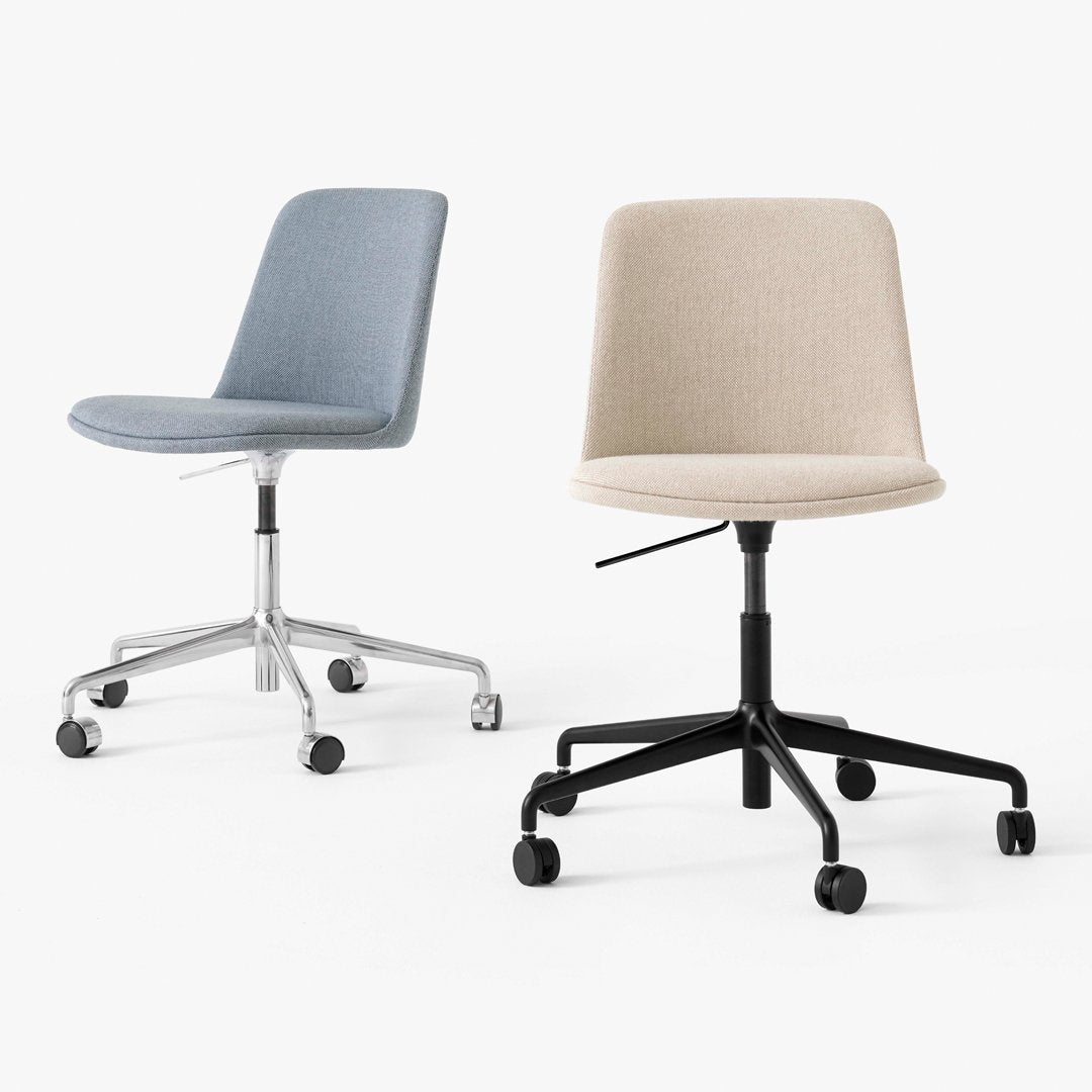 Two modern office chairs: one in light blue fabric with a silver base, the other in beige fabric with a black base.