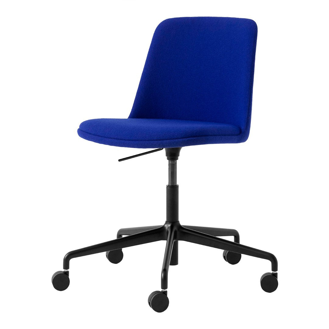Vibrant blue fabric office chair with a sleek black base and rolling wheels, perfect for modern workspaces.