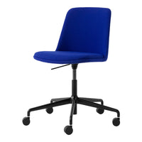 Vibrant blue fabric office chair with a sleek black base and rolling wheels, perfect for modern workspaces.
