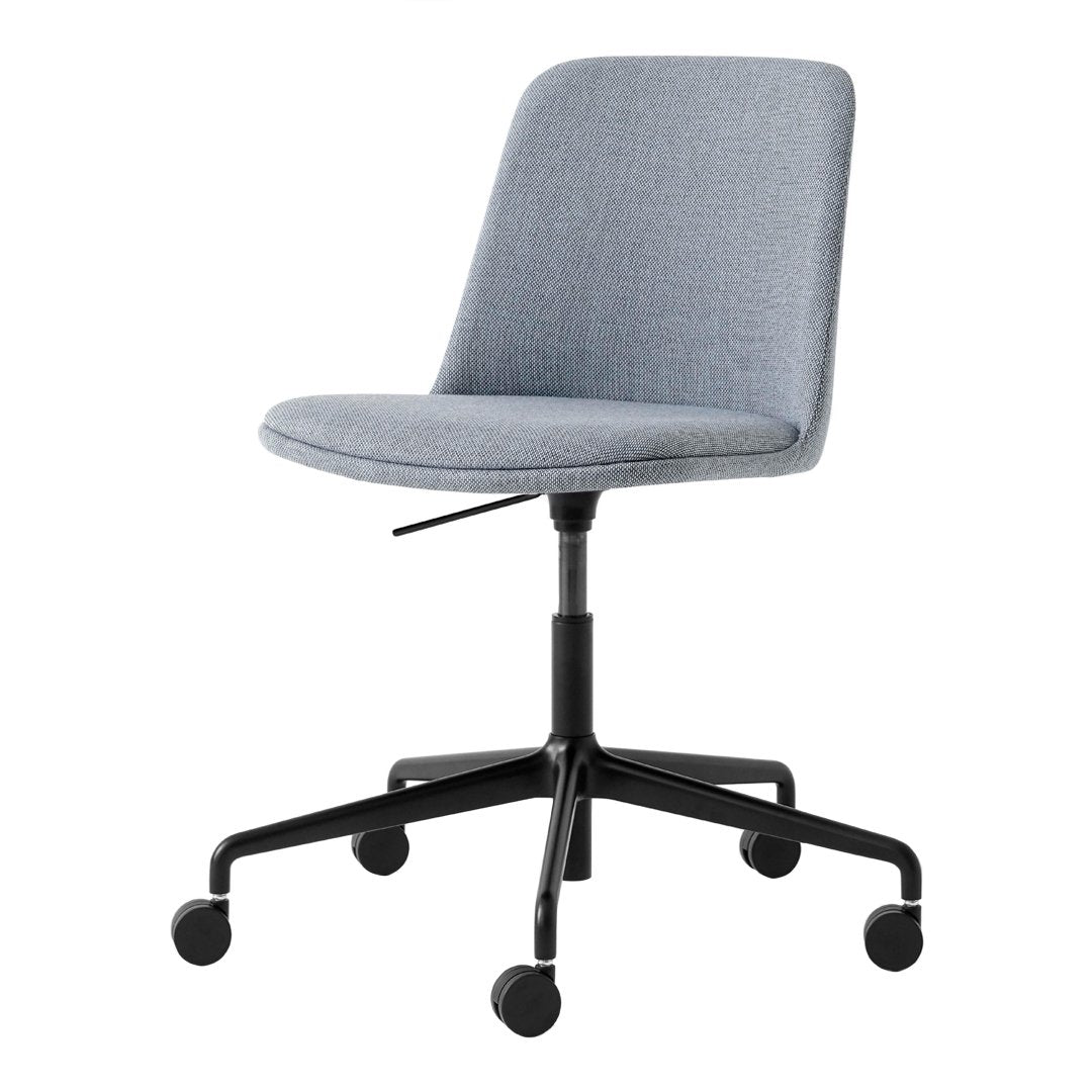 Gray fabric office chair with a smooth seat surface and black metal wheeled base. Simple, modern design.