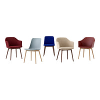 Assorted modern chairs in burgundy, blue, beige, light blue, and patterned finishes with wooden legs.