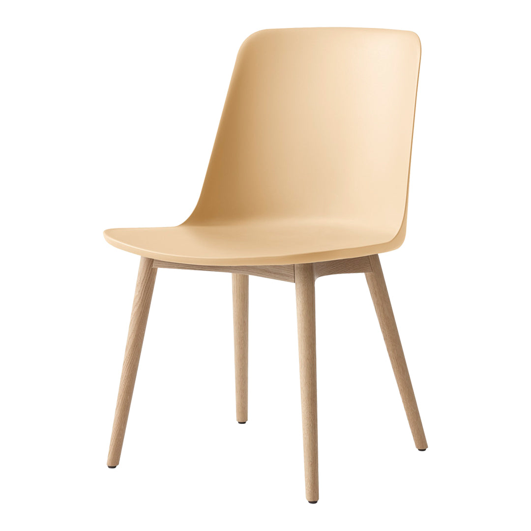 Beige chair with a smooth finish and natural wood legs, featuring a contemporary minimalist design.