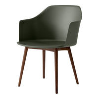 Olive green chair with smooth curves and brown wooden legs, perfect for modern decor.