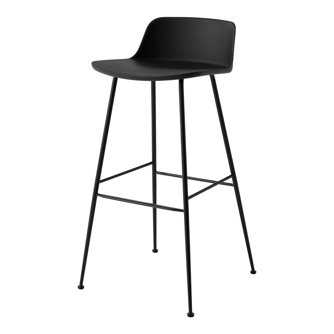 Black bar stool with a sleek, minimalist design and a smooth seat, featuring sturdy black metal legs.