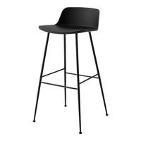 Black bar stool with a sleek, minimalist design and a smooth seat, featuring sturdy black metal legs.