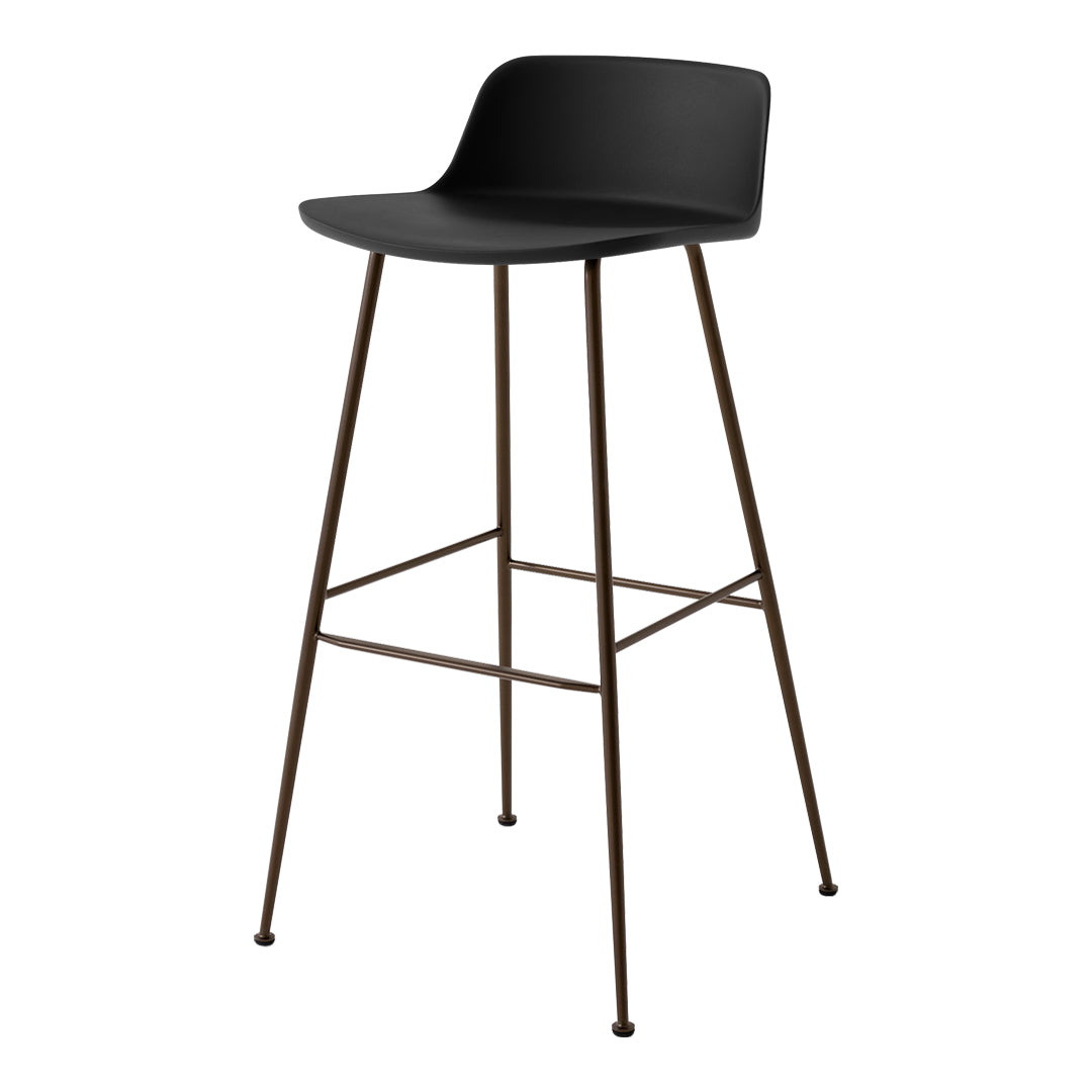 Black bar stool with a smooth seat and slender, brown metal legs. Modern minimalist design with a sleek finish.