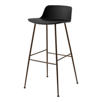 Black bar stool with a smooth seat and slender, brown metal legs. Modern minimalist design with a sleek finish.