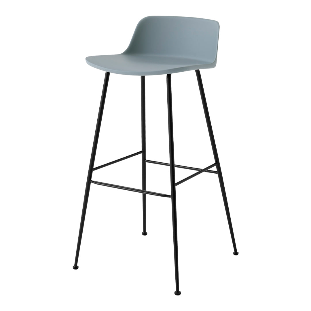 Light gray bar stool with a smooth seat and sleek black metal legs, featuring minimalist design and modern colors.