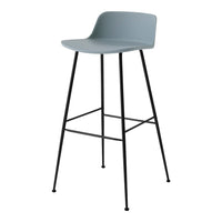 Light gray bar stool with a smooth seat and sleek black metal legs, featuring minimalist design and modern colors.
