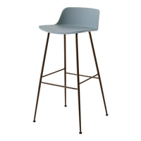 Light blue bar stool with sleek, minimalist design and brown metal legs, perfect for modern decor.
