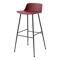 Modern maroon bar stool with sleek black metal legs and minimalist design, perfect for contemporary spaces.