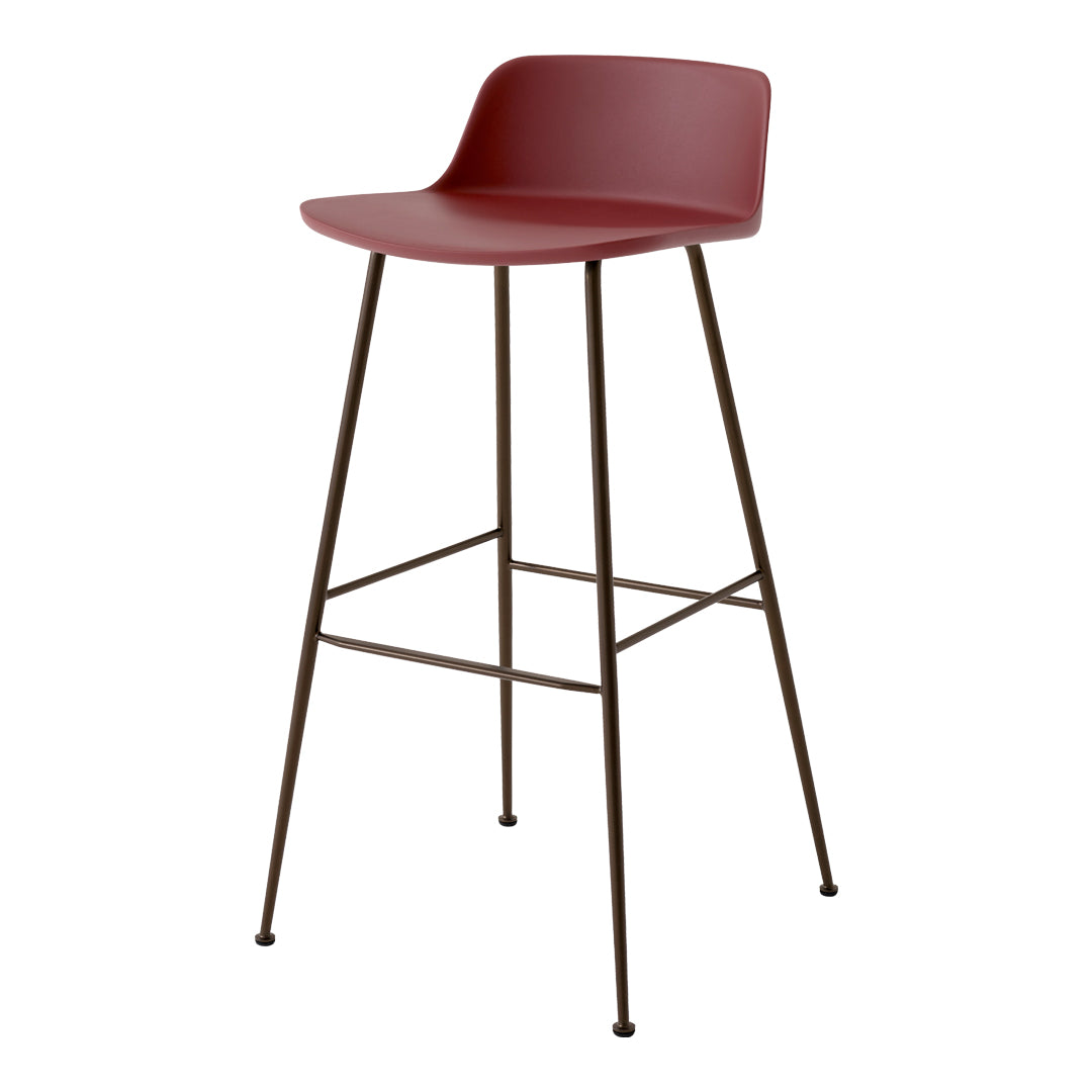 Red modern bar stool with a sleek design and metal legs, featuring smooth lines and a minimalist aesthetic.
