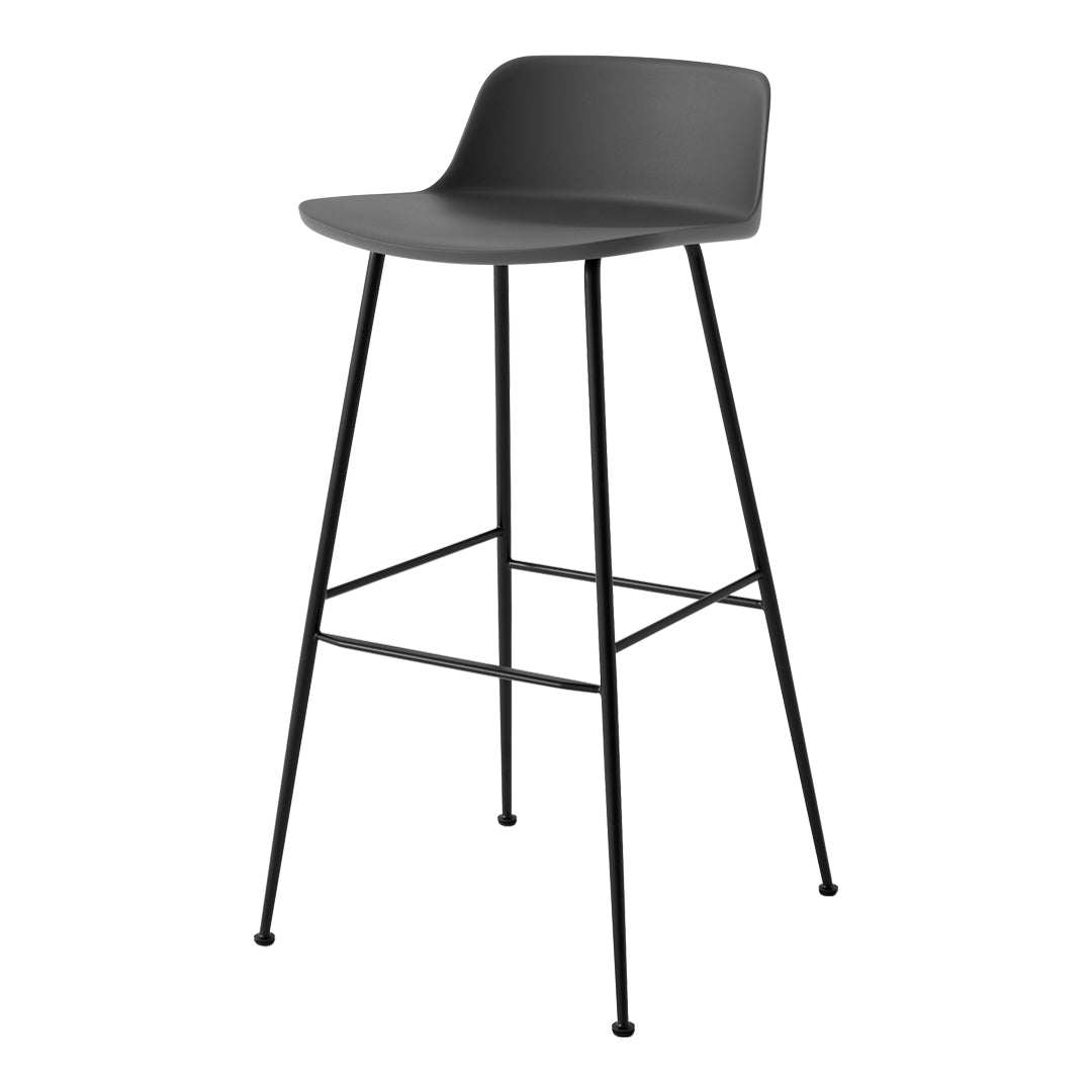 Gray modern bar stool with a smooth, curved seat and sleek black metal legs. Ideal for contemporary decor.