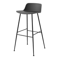 Gray modern bar stool with a smooth, curved seat and sleek black metal legs. Ideal for contemporary decor.