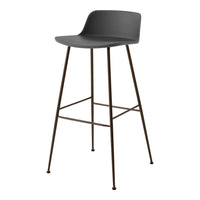 Gray plastic bar stool with a smooth finish and bronze metal legs, featuring a minimalist design. Perfect for modern decor.