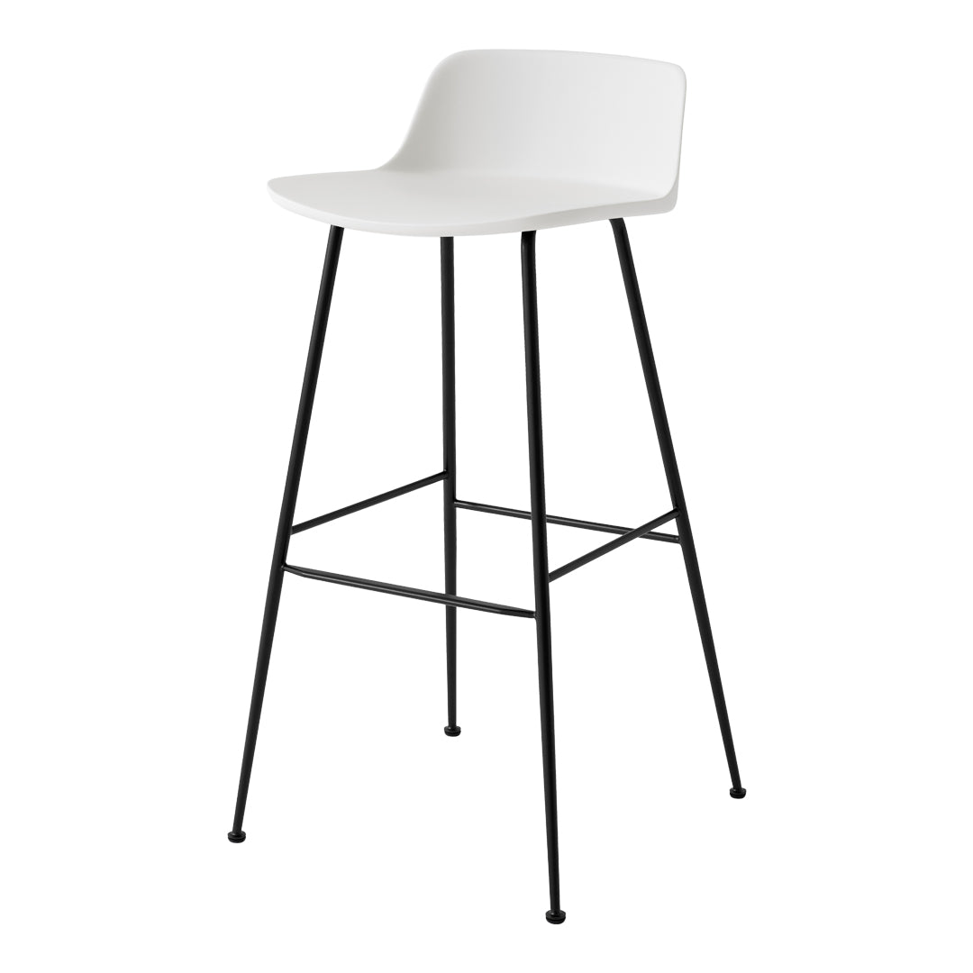 White plastic bar stool with sleek black metal legs, featuring a minimalist design and smooth, modern finish.