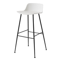 White plastic bar stool with sleek black metal legs, featuring a minimalist design and smooth, modern finish.