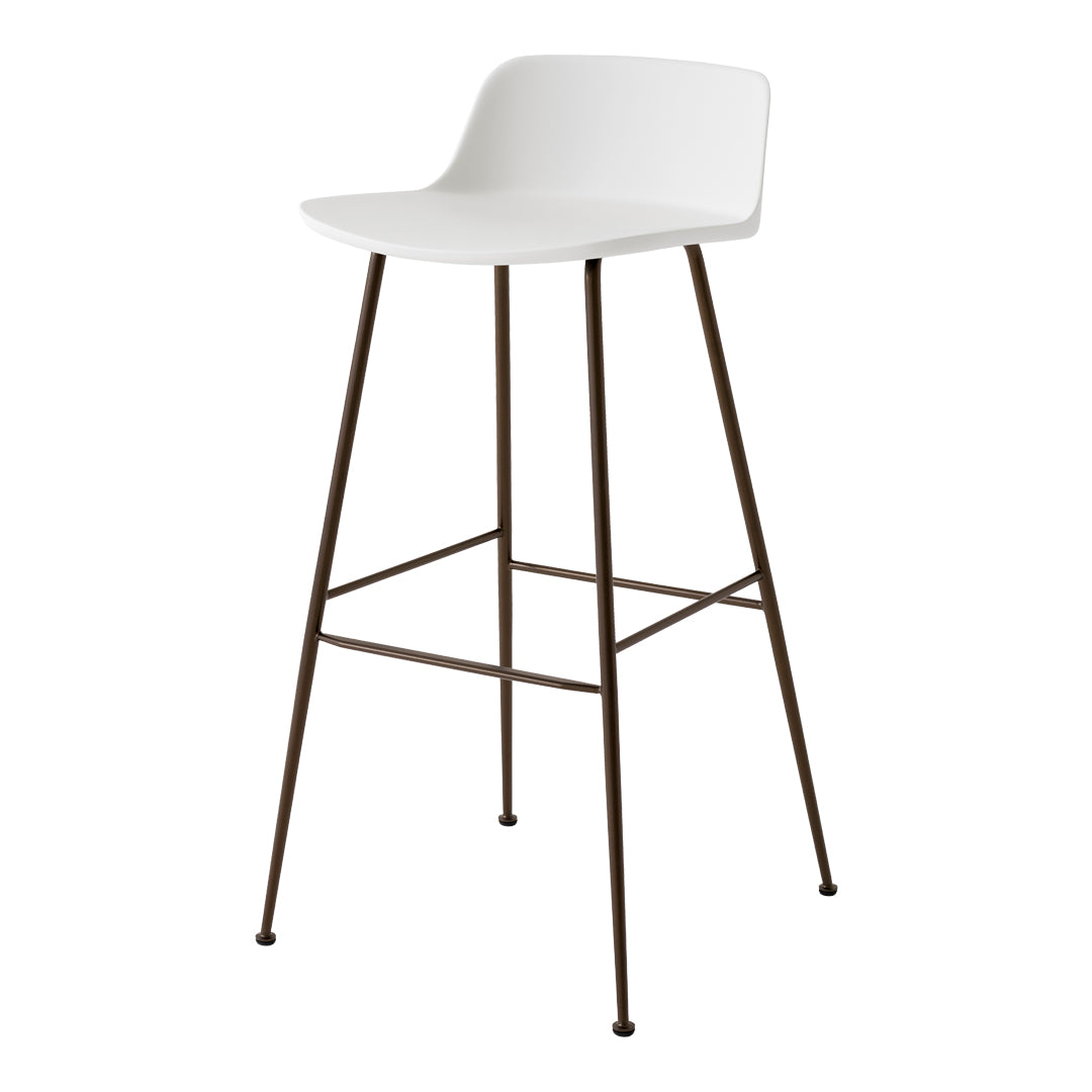 White bar stool with a smooth seat and brown metal legs, showcasing a minimalist design and sleek modern aesthetic.