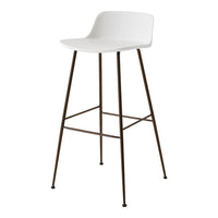 White bar stool with a smooth seat and brown metal legs, showcasing a minimalist design and sleek modern aesthetic.